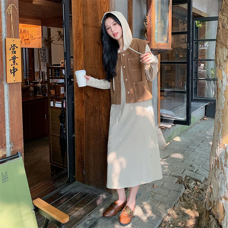 卫衣连衣裙马夹套装休闲中长款,女装套装/套裙,素月