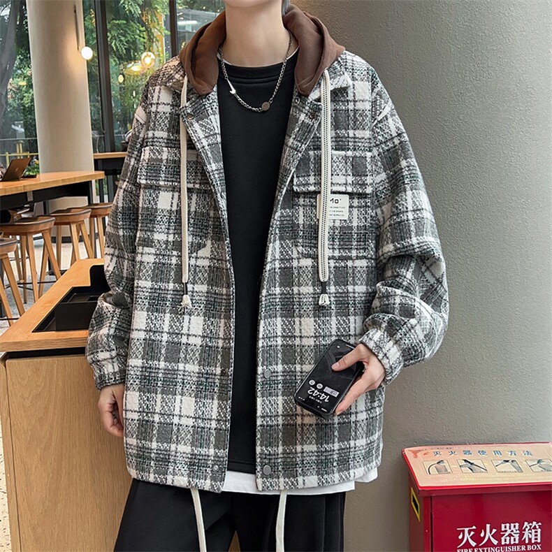 高品质秋冬男毛呢连帽夹克格子字母印花贴标休闲外套JK064P85,男装夹克,星座1013-1