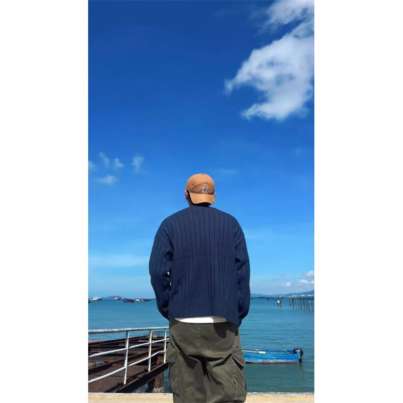 少年感cleanfit纯色编织毛衣男春秋新款宽松圆领长袖拼接针织衫潮图片