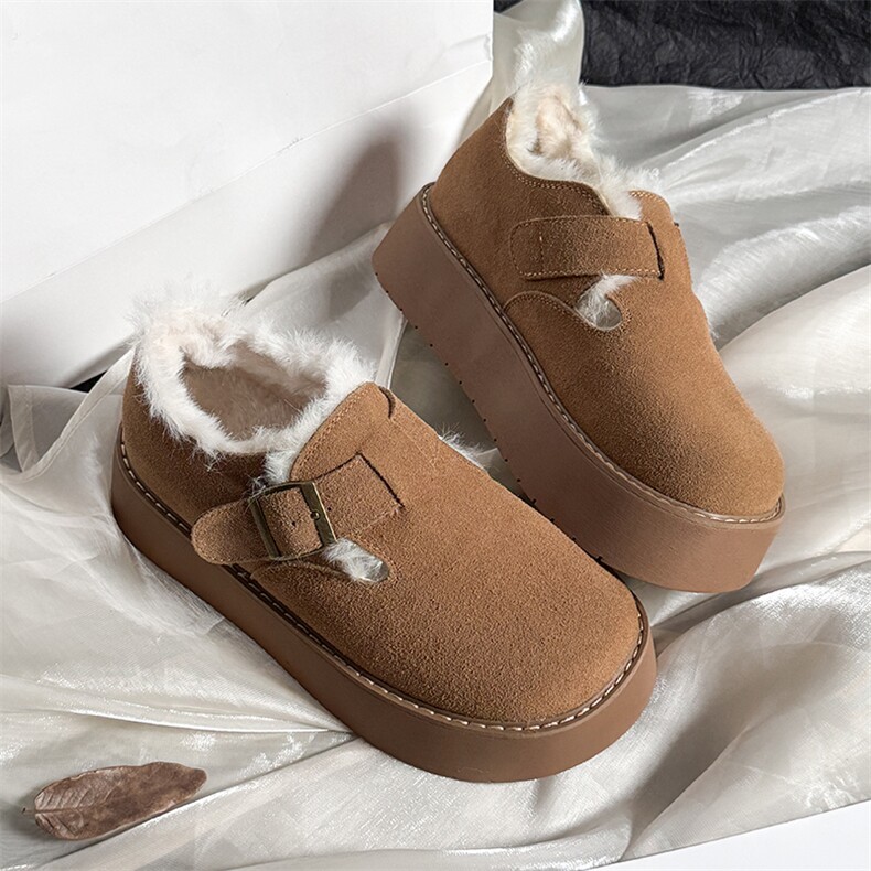 新款毛毛鞋女2024冬季复古真皮小白鞋女厚底保暖休闲女鞋加绒棉鞋，女鞋毛毛鞋，电商A223