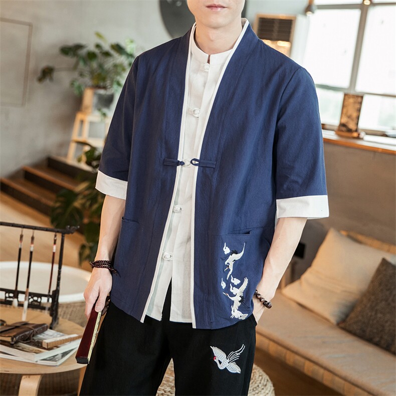 风外套五分袖男唐装盘扣开衫道袍和服宽松夹克茶服 M129 P50图片