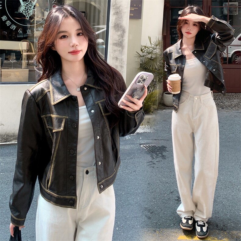 棕色皮衣外套女2025新春新款小个子港风复古皮夹克美拉德机车外套,女装皮衣,韩蜜菓