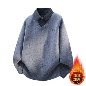 W25272-P60秋冬款翻领针织毛衣男潮牌加绒加厚卫衣外套时尚打底衫图片