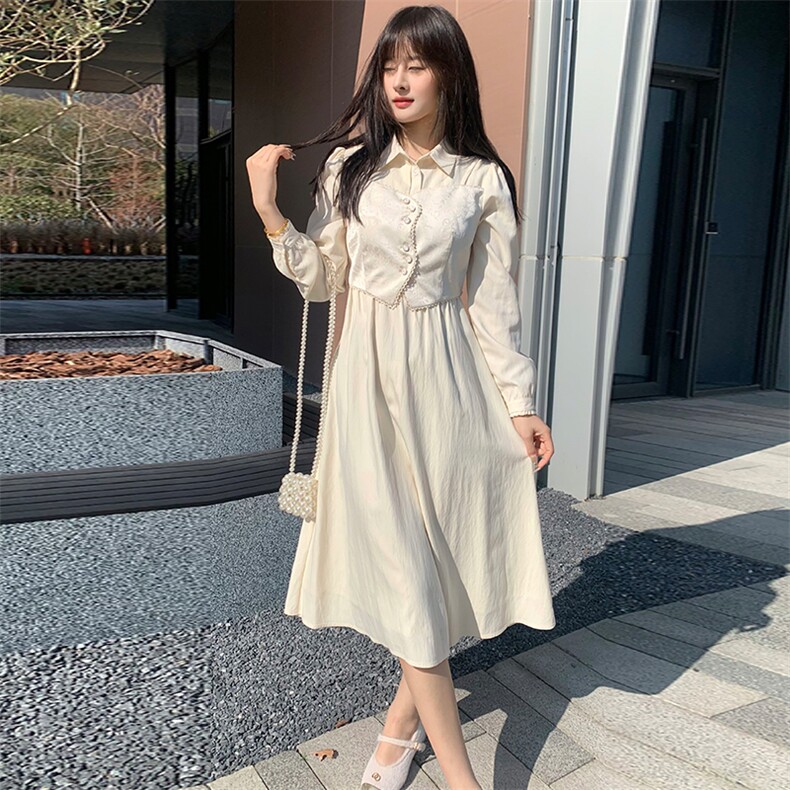 现货2024年春季女新甜美时尚复古印花修身显瘦网红假两件连衣裙,女装连衣裙,煊芮熙