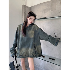 美式设计感重磅做旧夹克宽松复古套头连帽牛仔外套女NZ054-P110，男装工装外套，星座911-3