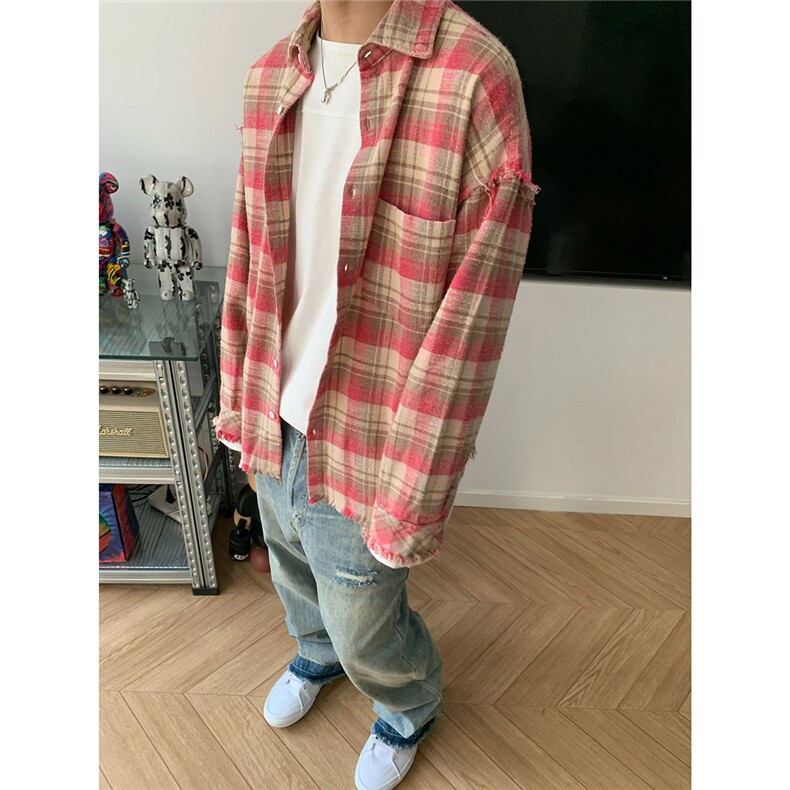 新款港风日系复古格子多巴胺宽松百搭翻领长袖衬衫A9180,男装衬衫,星座1116A-1（原606A）