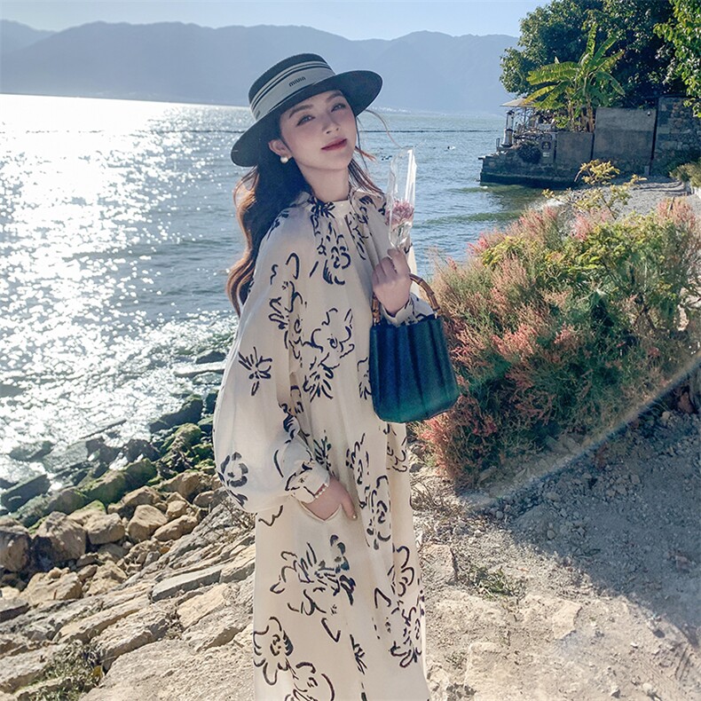 法式复古印花连衣裙女2025夏季新款度假风设计感超好看收腰长裙,女装连衣裙,2C108