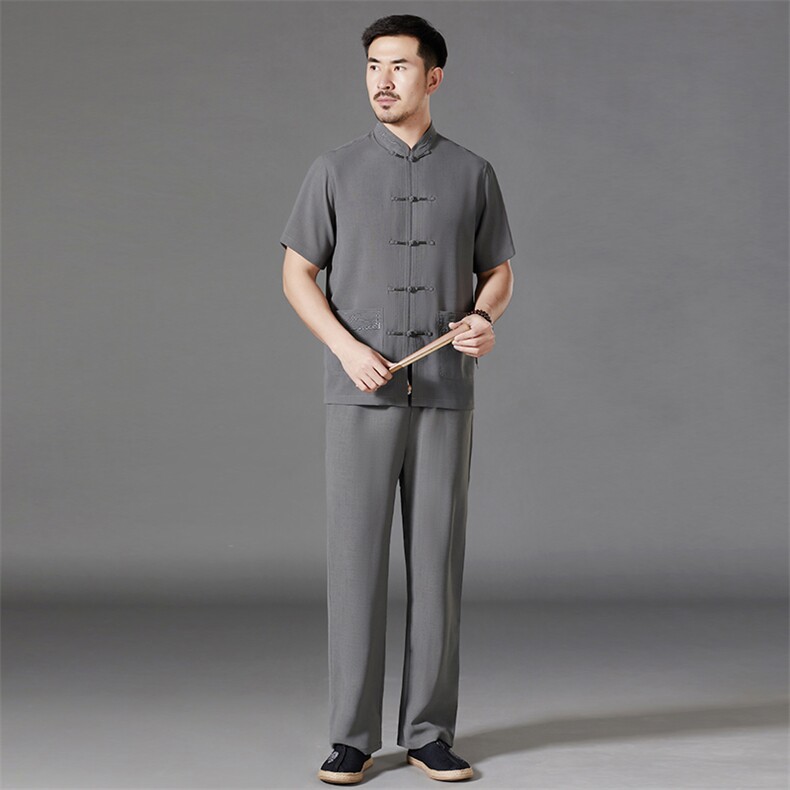 中老年棉麻套装高档唐装太极服中式刺绣立领短袖风时尚男夏装，男装中老年男装，钱塘723