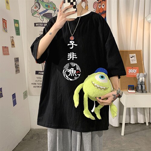 YT26070-P30 亚麻短袖t恤男大码五分袖男宽松七分袖 海报风图片