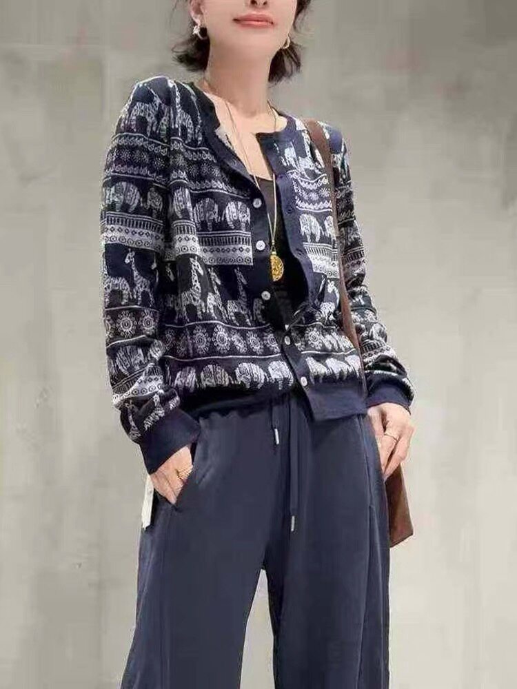 法式高端费尔岛提花毛针织开衫女2025新款长袖毛衣外套叠穿上衣潮,针织衫/毛衣,晨旭羊绒