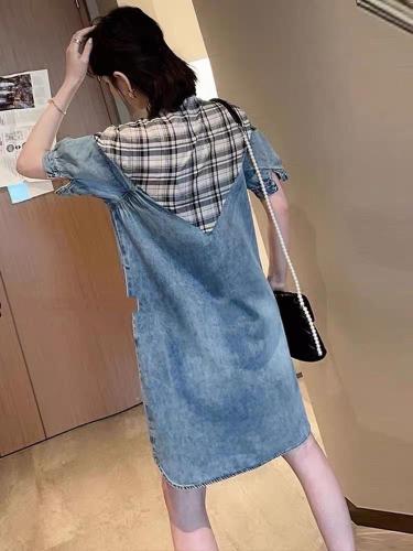AX306欧洲站格子拼接衬衫牛仔连衣裙2021新款洋气减龄,女装衬衫,L·H·X