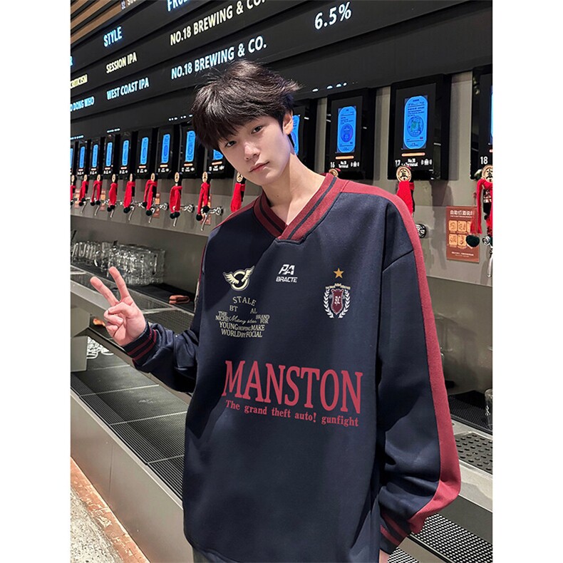 港风文艺复古休闲情侣款卫衣美式潮牌insV领印花卫衣HY727TP45,男装卫衣,电商A102B