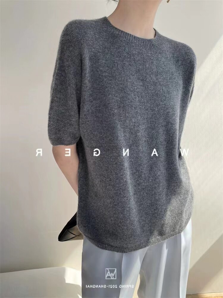 早秋新款针织衫上衣女纯色宽松中袖七分袖大码遮肚子,女装T恤,半城羊绒