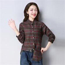 衬衫时尚排扣修身长袖格子条纹优雅2021年春季潮流，女装衬衫，小林双子