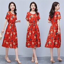 连衣裙2022年夏季潮流舒适简约时尚中长款圆领碎花，女装连衣裙，贵人树