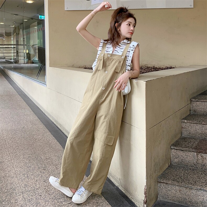 韩版学院风减龄工装背带裤女2025夏季新款法式宽松显瘦盐系阔腿裤,女装连体裤,辉之琳