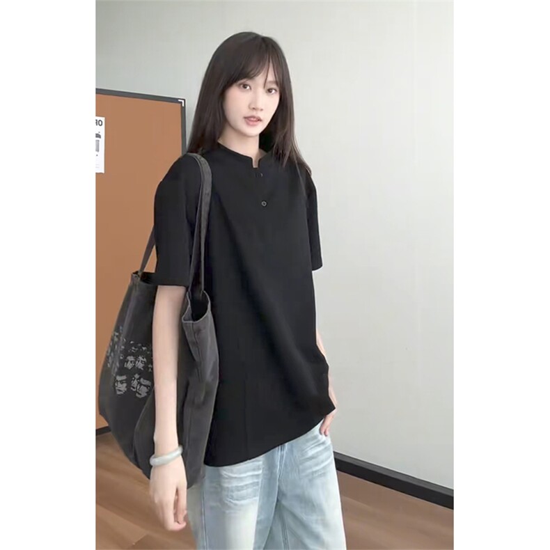 浅灰色拼接亨利领短袖T恤男夏季解构设计感体恤美式潮牌五分半袖,男装T恤,星座508（原C305）