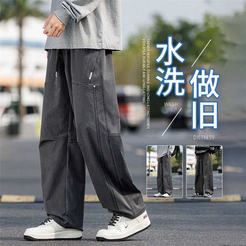 胖胖哥拼接打褶伞兵裤男秋季新款水洗大码宽松机能直筒休闲长裤潮,男装工装外套,星座209-1