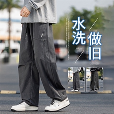 胖胖哥拼接打褶伞兵裤男秋季新款水洗大码宽松机能直筒休闲长裤潮，男装工装外套，星座209-1