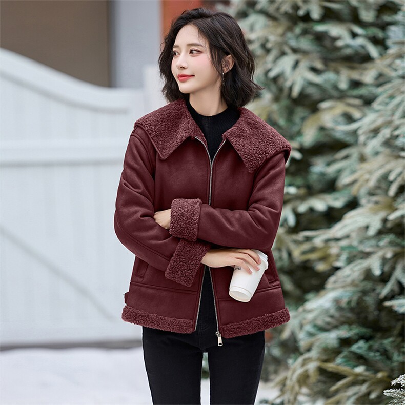 2024冬新款海军大翻领短羊羔毛皮毛一体加绒加厚外套韩系，女装羊羔毛/颗粒绒，跑量工厂店