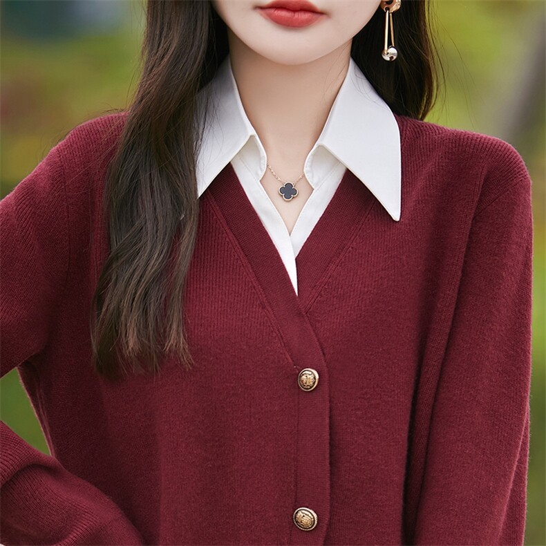 24秋冬POLO领精纺羊毛衫女拼色假两件针织毛衣宽松套头打底衫上衣图片