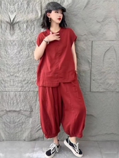 两件套装2025时尚夏季新款高级短袖上衣阔腿裤休闲，女装套装/套裙，湘姗