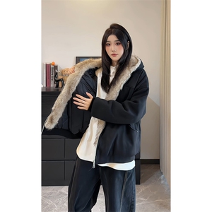 现货 冬季鹿皮绒座山雕连帽猫耳朵男女情侣装棉服外套-A2350P99图片