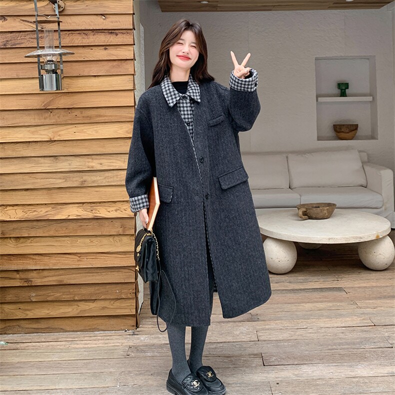 新款双面羊毛格子拼接外套766-P305-K438,女装毛呢外套,2C108