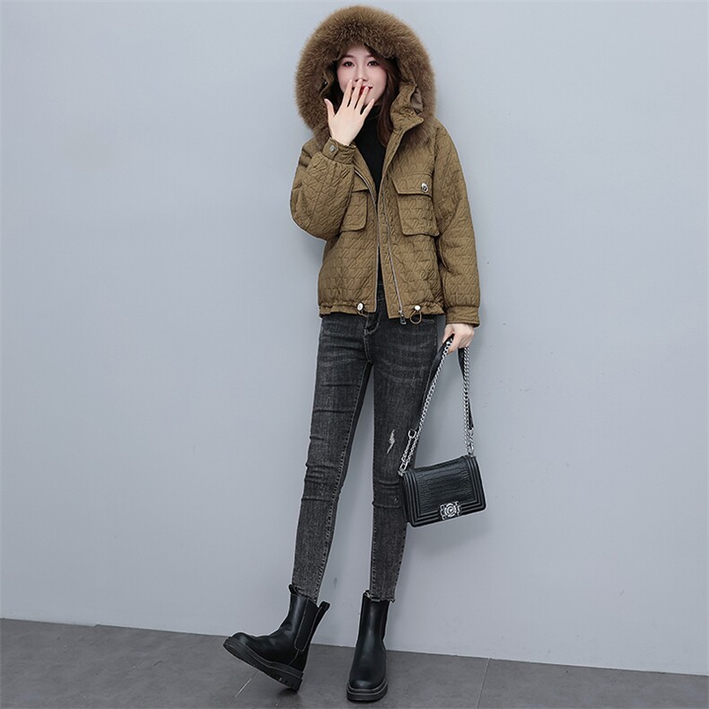 2022冬季新款提花连帽毛领可脱卸休闲派克服棉衣棉服,女装棉衣/棉服,奕薇雅