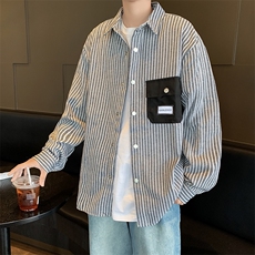 竖条纹衬衫男士韩版潮流口袋拼色个性帅2024秋冬ins外套CY988-P48，男装衬衫，星座412-3