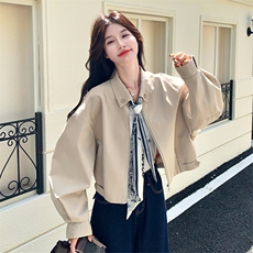 超火爆款丝巾翻领短外套女2025秋季新款宽松休闲减龄显瘦夹克上衣，女装短外套，2C007