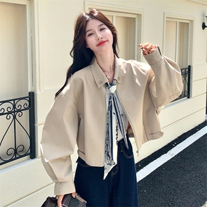 超火爆款丝巾翻领短外套女2025秋季新款宽松休闲减龄显瘦夹克上衣图片