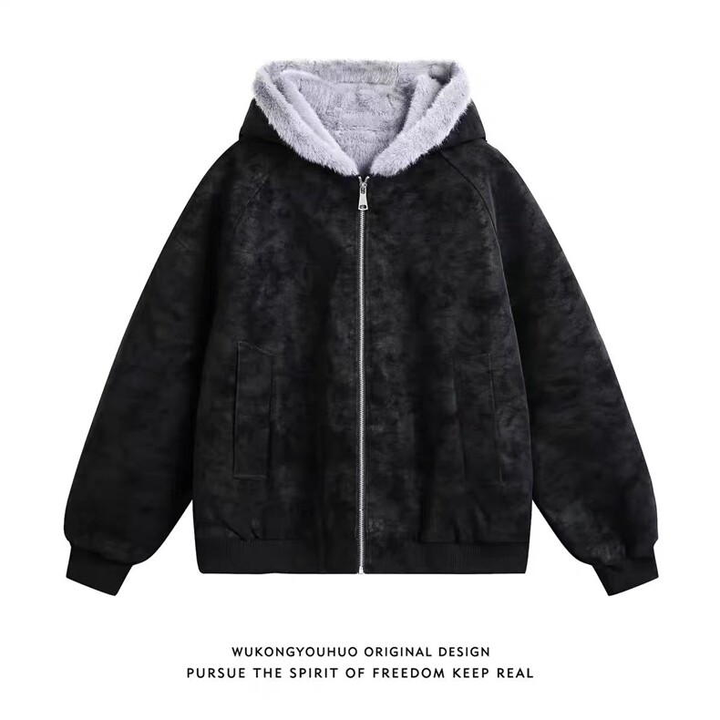 现货(网图)连帽座山雕荔枝纹皮拼兔毛美式情侣外套313B-PM01-P85,女装短外套,星座313B