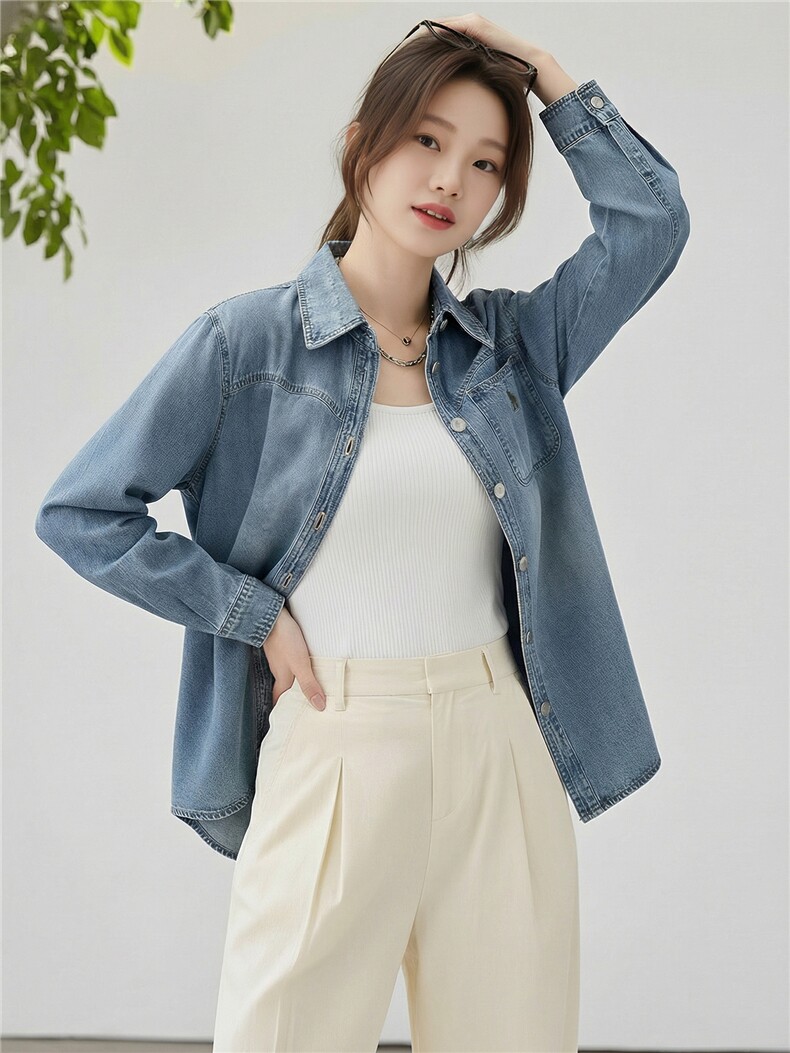 现货2026年春季休闲风牛仔绣花衬衫外套,女装短外套,靓衣阁
