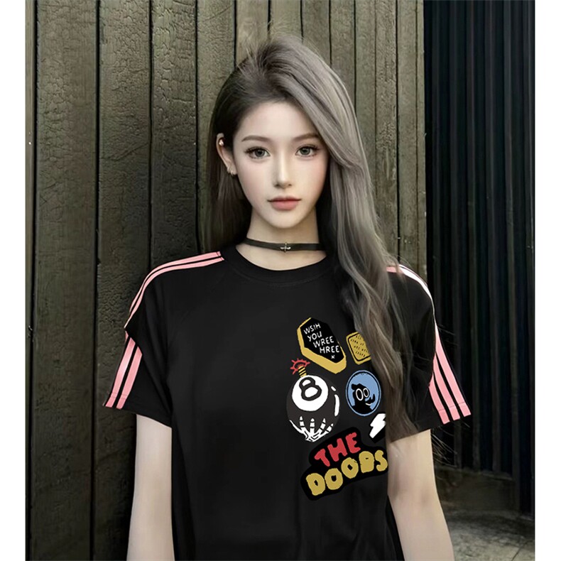 抖音得物品质二开240克宽松纯棉美式潮牌印花三条杠中性风短袖T恤图片