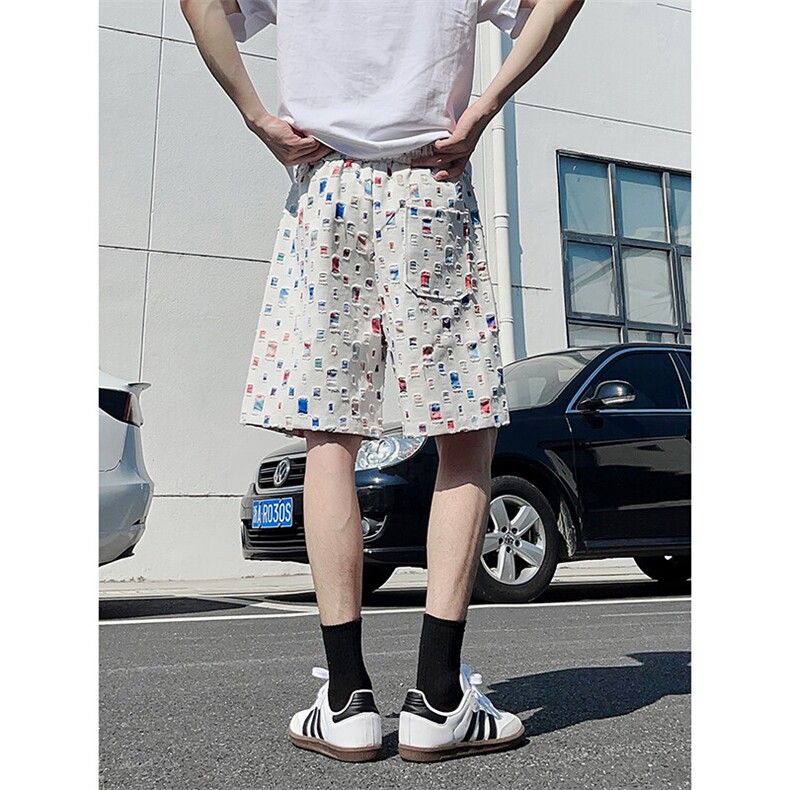 DK162-P32花白短裤男女夏季新款休闲冰丝沙滩中裤宽松百搭五分裤,男装牛仔裤,电商A178