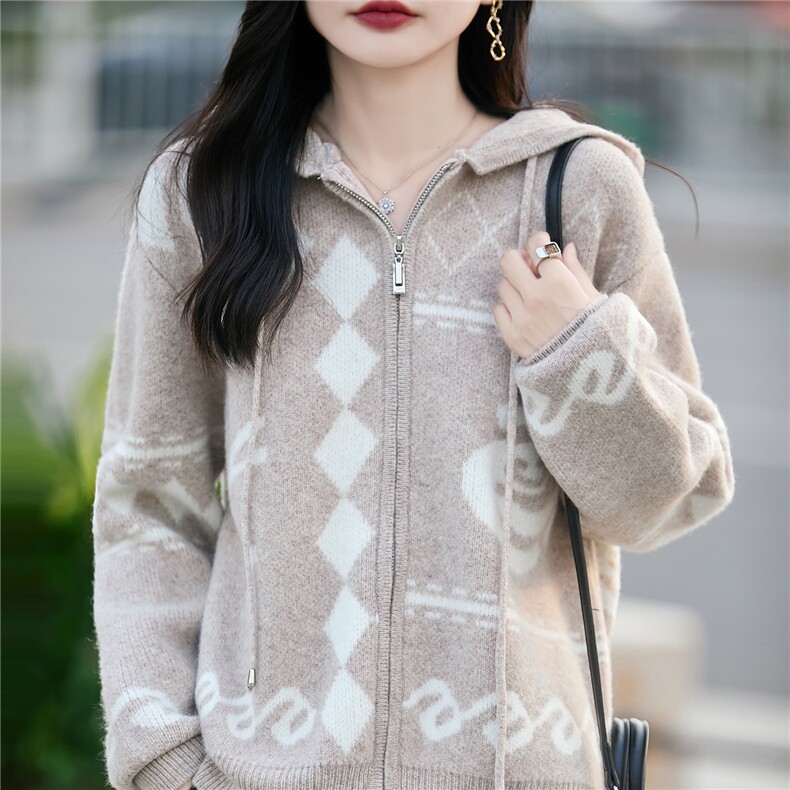 100%纯羊毛连帽开衫女加厚拉链拼色提花针织毛衣宽松慵懒羊毛外套，女装羊毛衫，蒙特羊绒