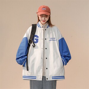 中性风 2023秋季新款港风拼接撞色情侣宽松棒球服 G8019 p65控88图片
