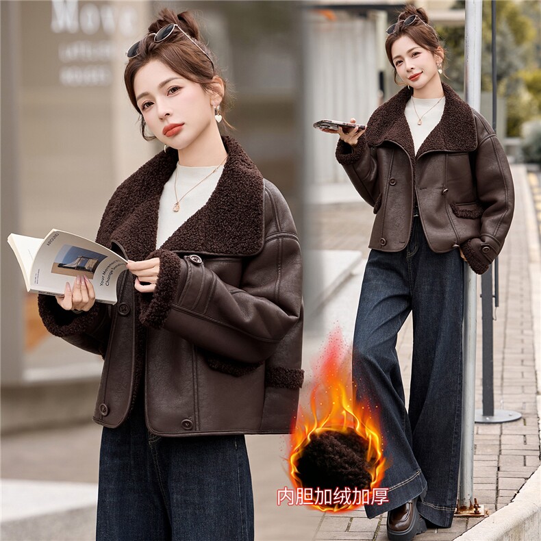 2026年冬季新款大翻领时尚温暖减龄加绒加厚皮毛一体保暖外套,女装棉衣/棉服,盈茜