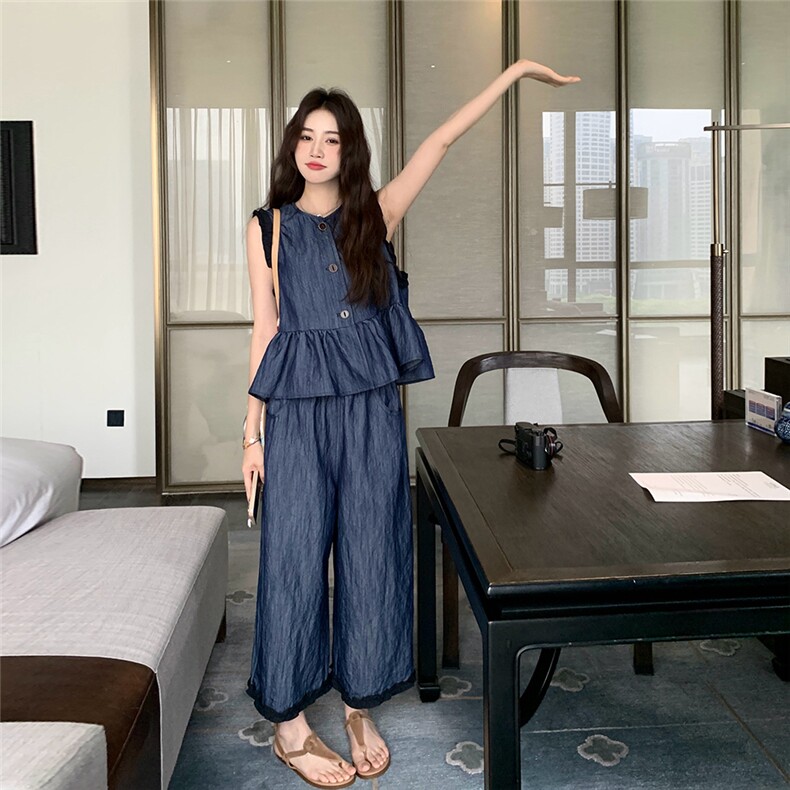 深蓝色复古牛仔套装女2025夏季新款独特漂亮无袖上衣阔腿裤两件套,女装套装/套裙,2C129