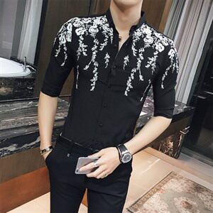 修身型 印花 青年 夏季 休闲 常规 青春流行 2021年 尖领 潮 七分袖 简约  衬衫图片