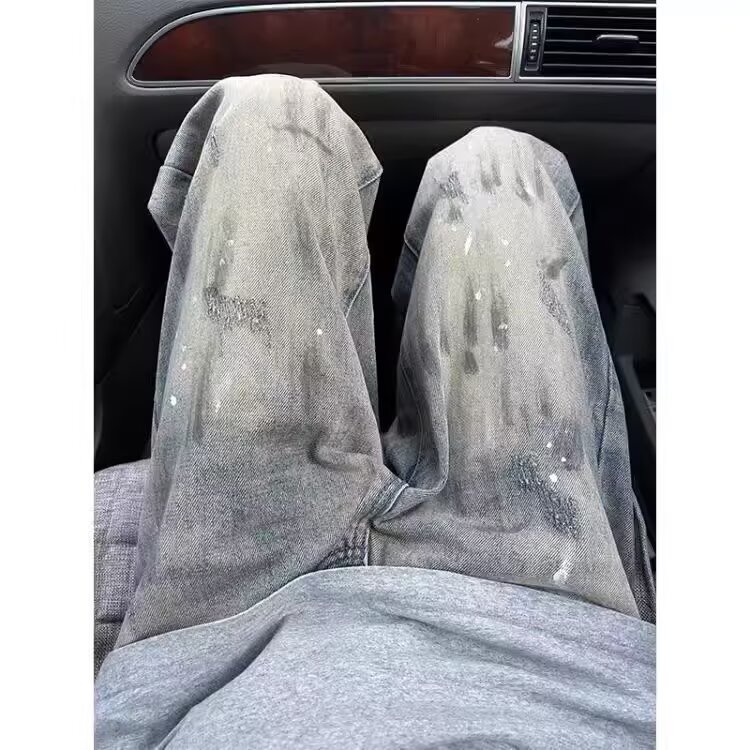 美式vibe高街泼墨牛仔裤男生水洗脏染潮牌复古裤子直筒弯刀微喇裤,男装牛仔裤,星座506A