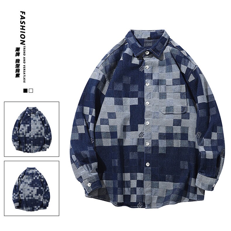 25年春季格子牛仔衬衫长袖得物抖音衬衫DS-C323-1-G661-P55,男装衬衫,电商C323-1