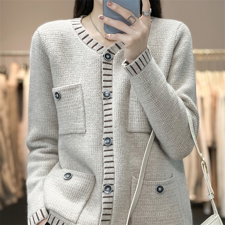 秋冬新款女圆领外搭纯色韩版毛衣外套显瘦羊毛开衫,女装羊毛衫,恩泰羊绒