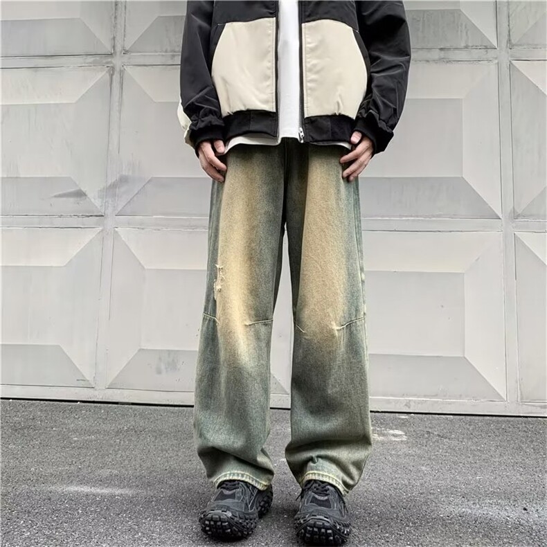 水洗做旧牛仔裤男秋季美式复古宽松阔腿直筒裤拖地炸街HN023-p42,男装牛仔裤,星座1008