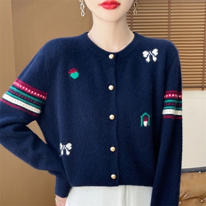 24秋冬100%纯羊毛开衫女圆领撞色提花长袖毛衣宽松甜美羊绒衫外套图片