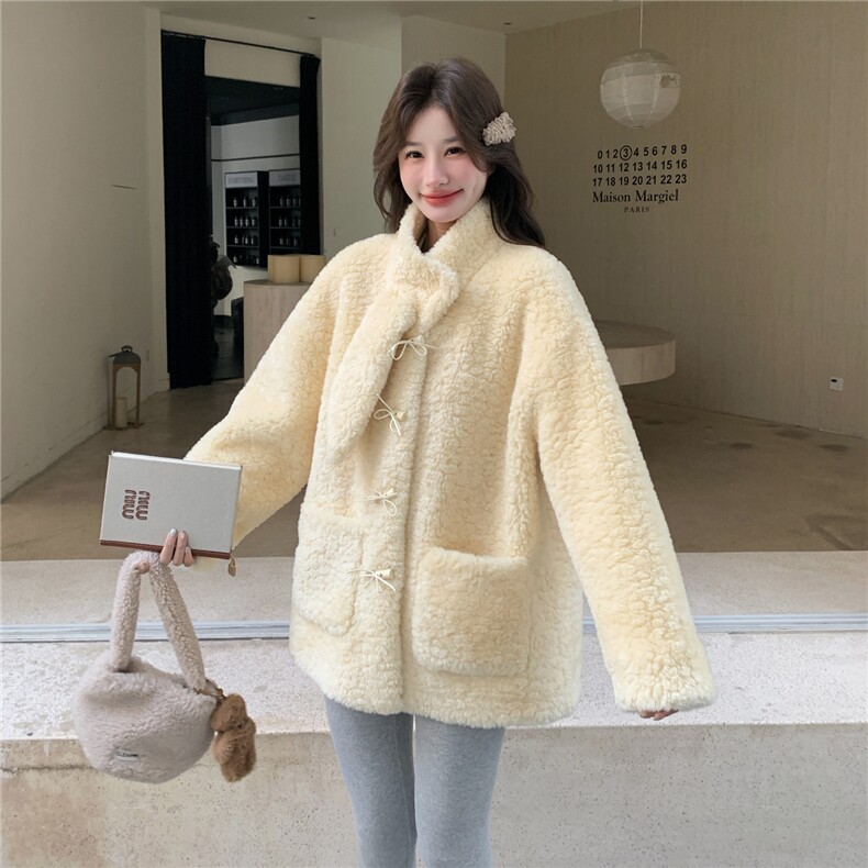 奶fufu黄色羊羔毛外套女2025年冬季新款超好看小个子加绒加厚棉服,女装皮草,2C056