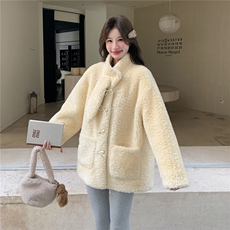 奶fufu黄色羊羔毛外套女2025年冬季新款超好看小个子加绒加厚棉服，女装皮草，2C056