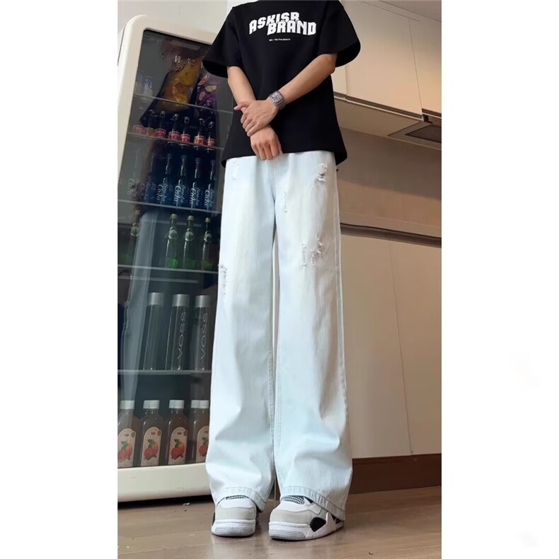 牛仔裤男女夏季超火破洞设计百搭高腰直筒不贴腿长裤子AM455P50,男装牛仔裤,星座1013-5