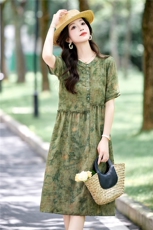 时尚休闲印花连衣裙女2025夏季新款宽松圆领木耳花边减龄碎花裙子，女装连衣裙，木橙西子
